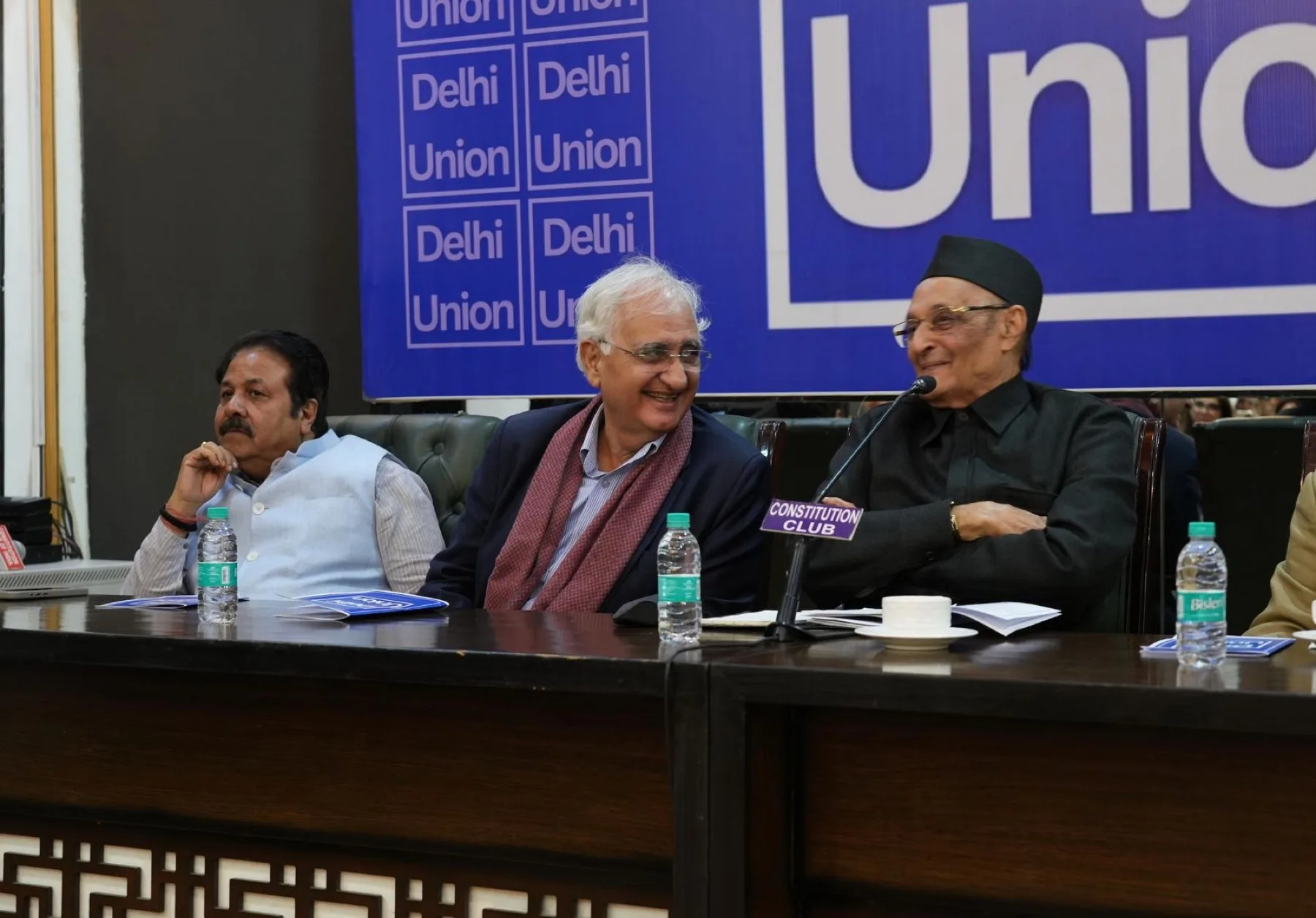 Salman Khurshid and Dr Karan Singh share a laugh on the panel at a Delhi Union sitting